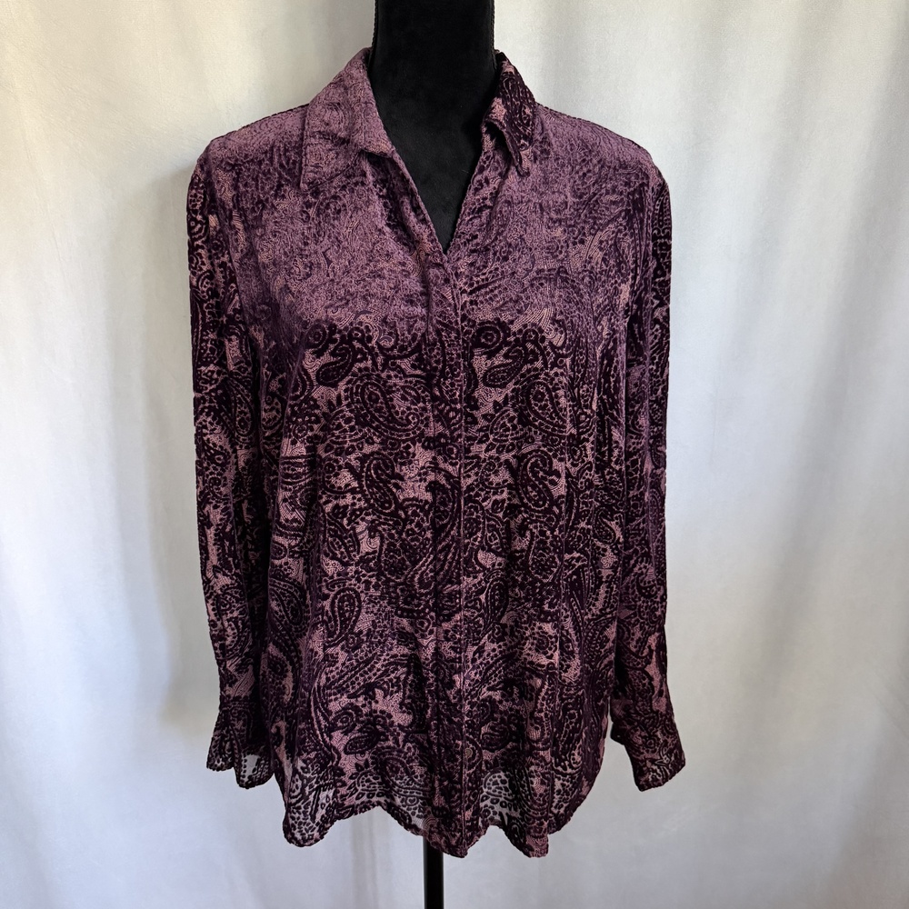 Coldwater Creek Blouse Womens M Purple Paisley Burnout Velvet Bell Sleeve Top